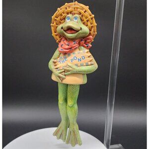 Frog Figurine Holding The Pond Sign Wicker Hat & Scarf Resin Hanging Wind Chime